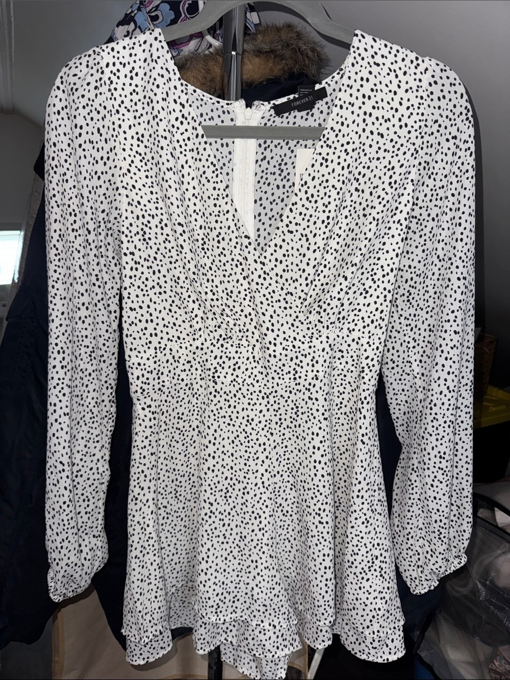 Forever 21 White Blouse with Black Dot Print V-Neck